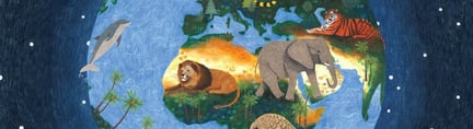 Ilustratie van een wereldbol met verschillende dieren op de continenten